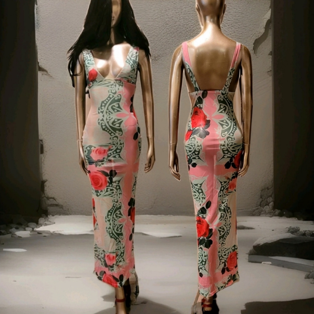 NWT Sexy Vibrant Romantic Floral Print Mesh Bodycon Maxi Dress Sz S - Picture 4 of 16